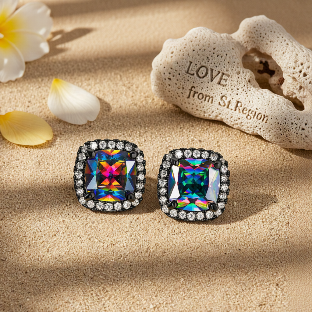 Colored Princess Crystal & Rhodium-Plated Halo Stud Earrings