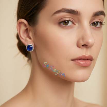 Navy Princess Crystal & Rhodium-Plated Halo Stud Earrings
