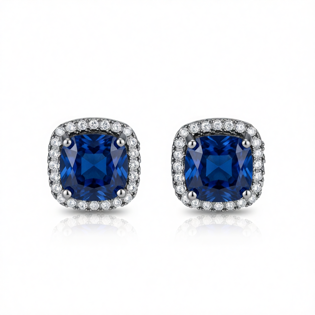 Navy Princess Crystal & Rhodium-Plated Halo Stud Earrings