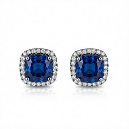 Navy Princess Crystal & Rhodium-Plated Halo Stud Earrings