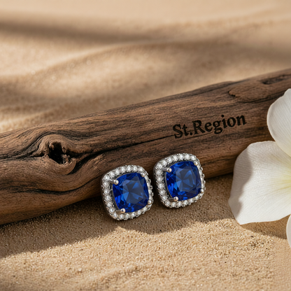Navy Princess Crystal & Rhodium-Plated Halo Stud Earrings