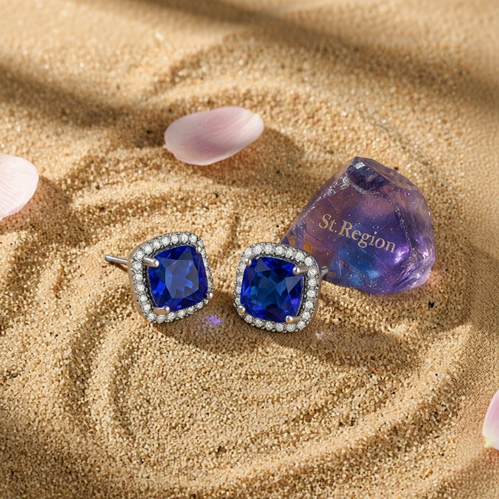 Navy Princess Crystal & Rhodium-Plated Halo Stud Earrings