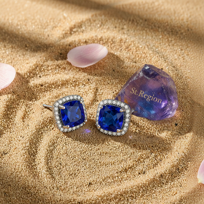 Navy Princess Crystal & Rhodium-Plated Halo Stud Earrings