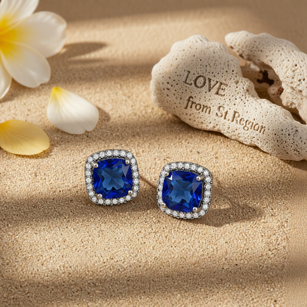 Navy Princess Crystal & Rhodium-Plated Halo Stud Earrings