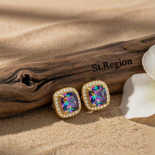 Colored Princess Crystal & Cubic Zirconia 18K Gold-Plated Halo Stud Earrings