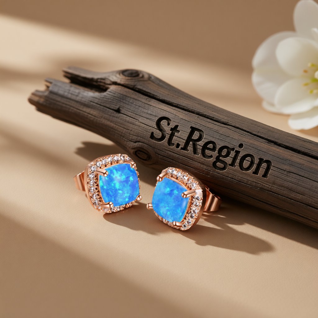 Blue Princess Opal and 18K Rose Gold-Plated Halo Stud Earrings, rose gold stud earrings for women, everyday style, front view