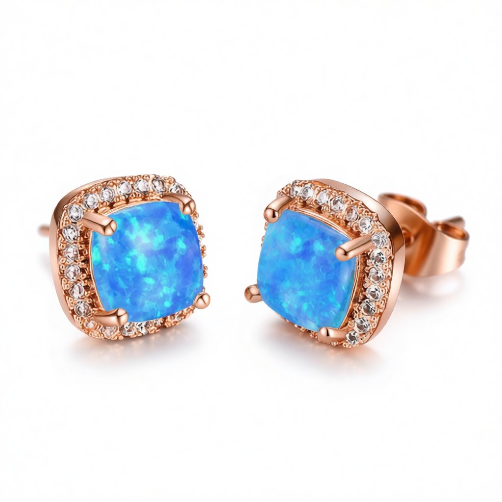 Blue Princess Opal and 18K Rose Gold-Plated Halo Stud Earrings, rose gold stud earrings for women, everyday style, side view