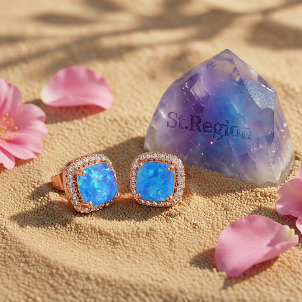 Blue Princess Opal and 18K Rose Gold-Plated Halo Stud Earrings, rose gold stud earrings for women, detail close-up