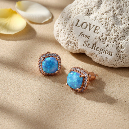 Blue Princess Opal and 18K Rose Gold-Plated Halo Stud Earrings, rose gold stud earrings for women, lifestyle look