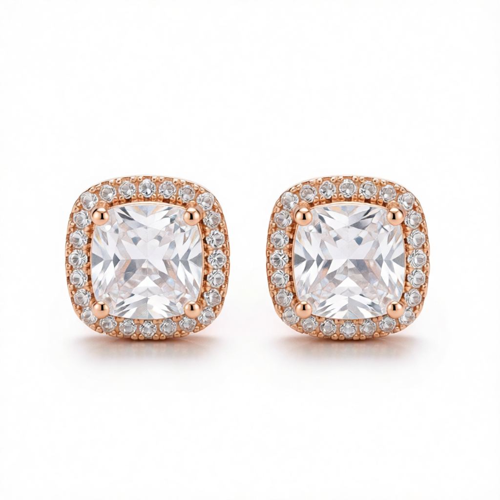 Clear Princess Crystal & 18K Rose Gold-Plated Halo Stud Earrings