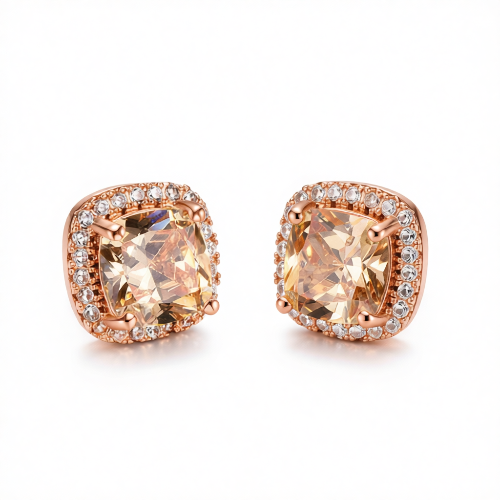 Champagne Princess Crystal & 18K Rose Gold-Plated Halo Stud Earrings