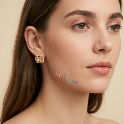 Champagne Princess Crystal & 18K Rose Gold-Plated Halo Stud Earrings