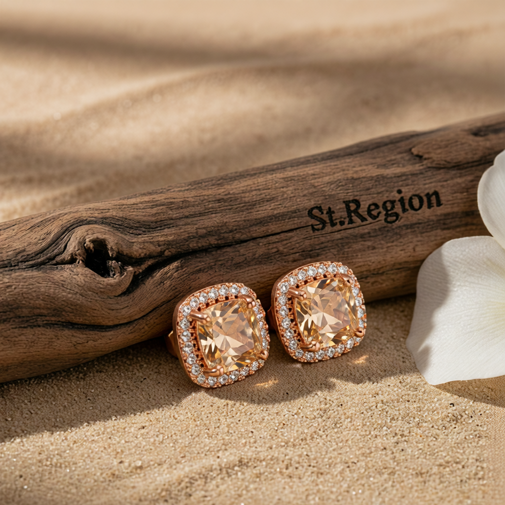 Champagne Princess Crystal & 18K Rose Gold-Plated Halo Stud Earrings