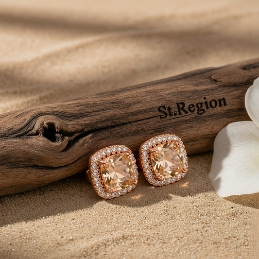 Champagne Princess Crystal & 18K Rose Gold-Plated Halo Stud Earrings