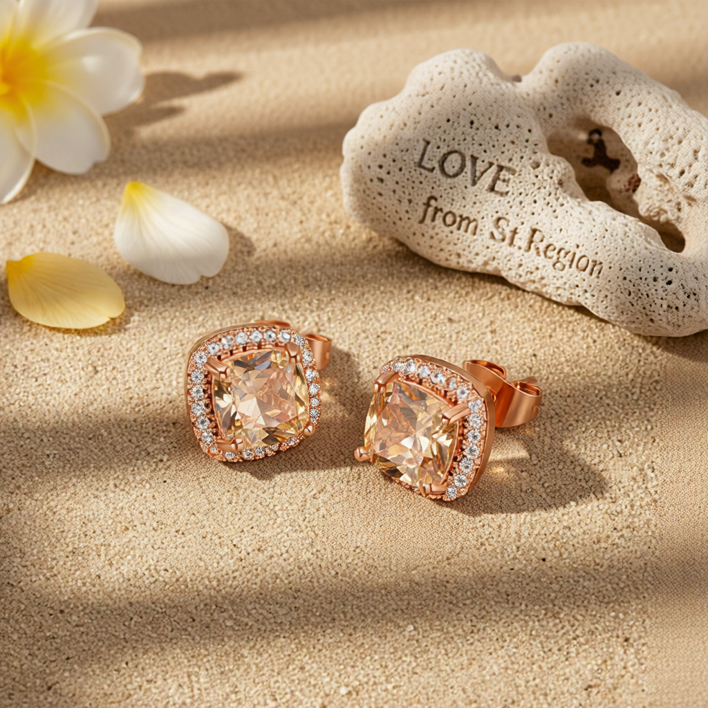Champagne Princess Crystal & 18K Rose Gold-Plated Halo Stud Earrings