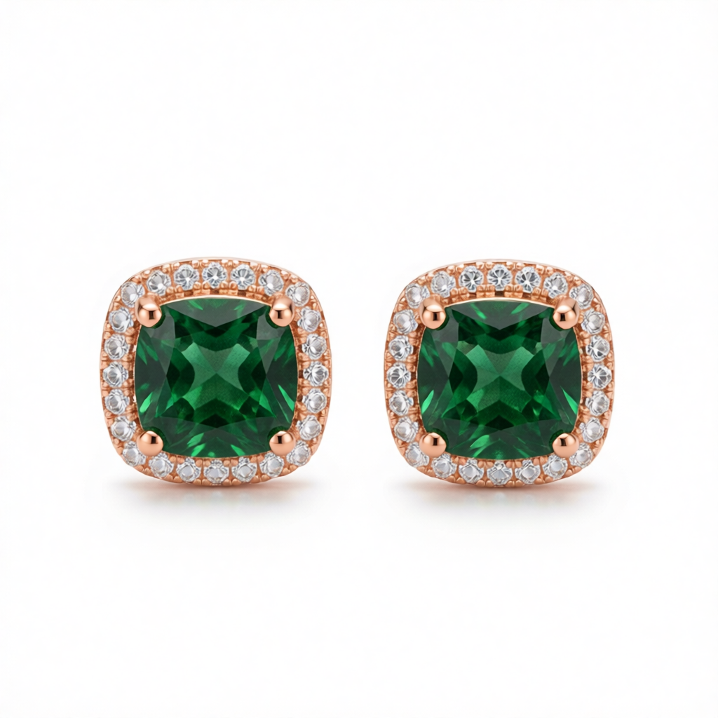 Emerald Princess Crystal & 18K Rose Gold-Plated Halo Stud Earrings