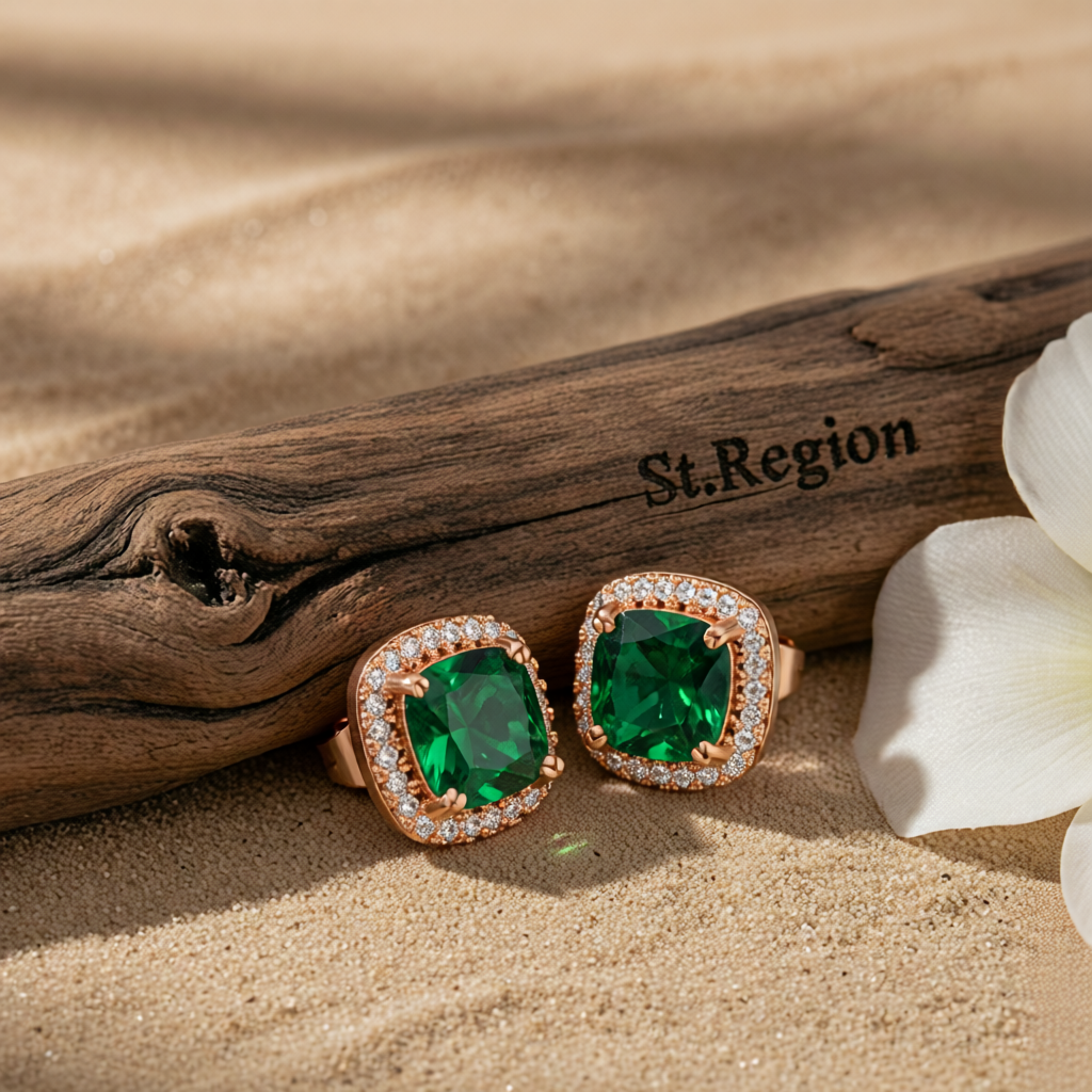Emerald Princess Crystal & 18K Rose Gold-Plated Halo Stud Earrings