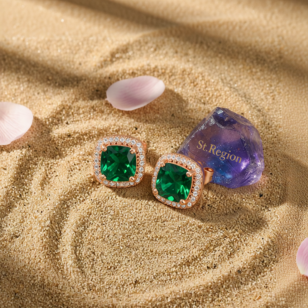 Emerald Princess Crystal & 18K Rose Gold-Plated Halo Stud Earrings