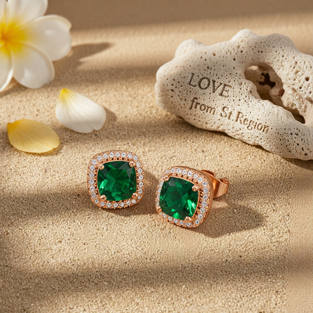Emerald Princess Crystal & 18K Rose Gold-Plated Halo Stud Earrings