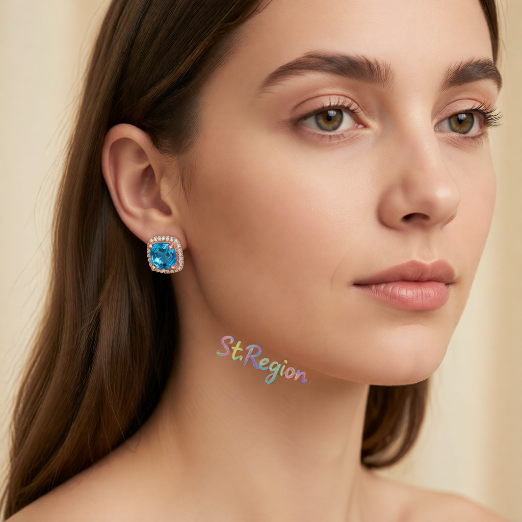 Light Blue Princess Crystal & Cubic Zirconia 18K Rose Gold-Plated Halo Stud Earrings
