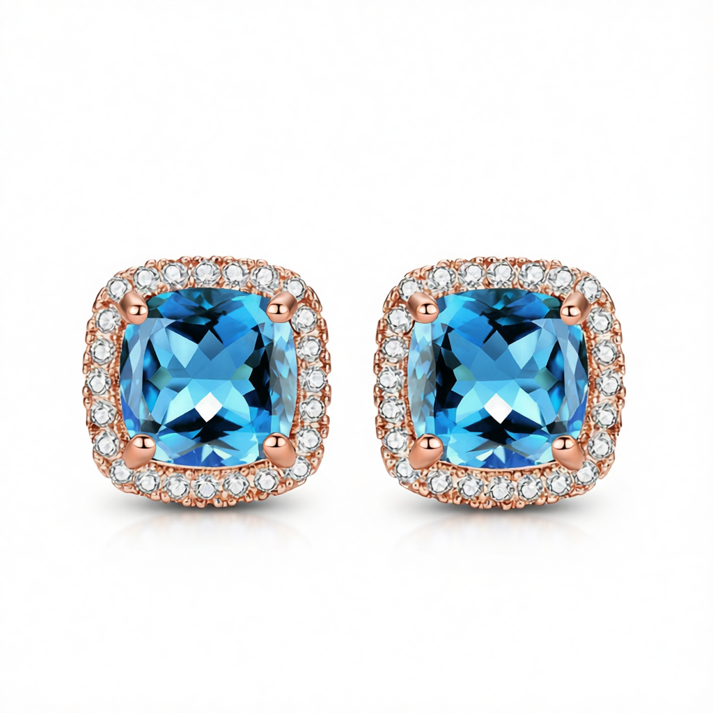Light Blue Princess Crystal & Cubic Zirconia 18K Rose Gold-Plated Halo Stud Earrings