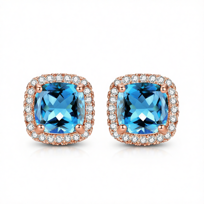 Light Blue Princess Crystal & Cubic Zirconia 18K Rose Gold-Plated Halo Stud Earrings