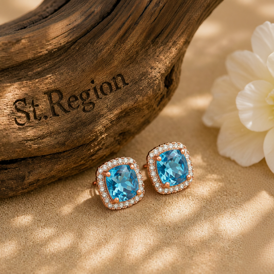 Light Blue Princess Crystal & Cubic Zirconia 18K Rose Gold-Plated Halo Stud Earrings