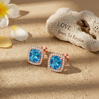 Light Blue Princess Crystal & Cubic Zirconia 18K Rose Gold-Plated Halo Stud Earrings