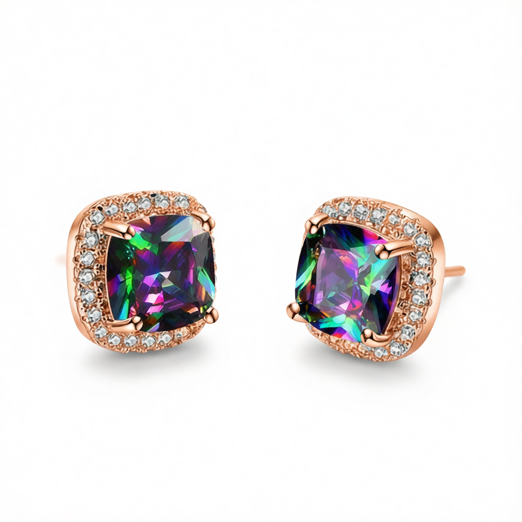 Colored Princess Crystal & Cubic Zirconia 18K Rose Gold-Plated Halo Stud Earrings