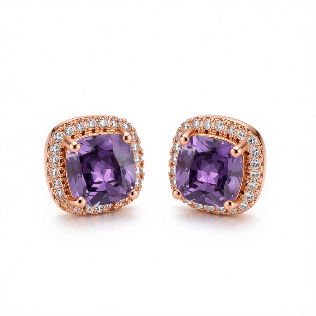 Purple Princess Crystal & 18K Rose Gold-Plated Halo Stud Earrings
