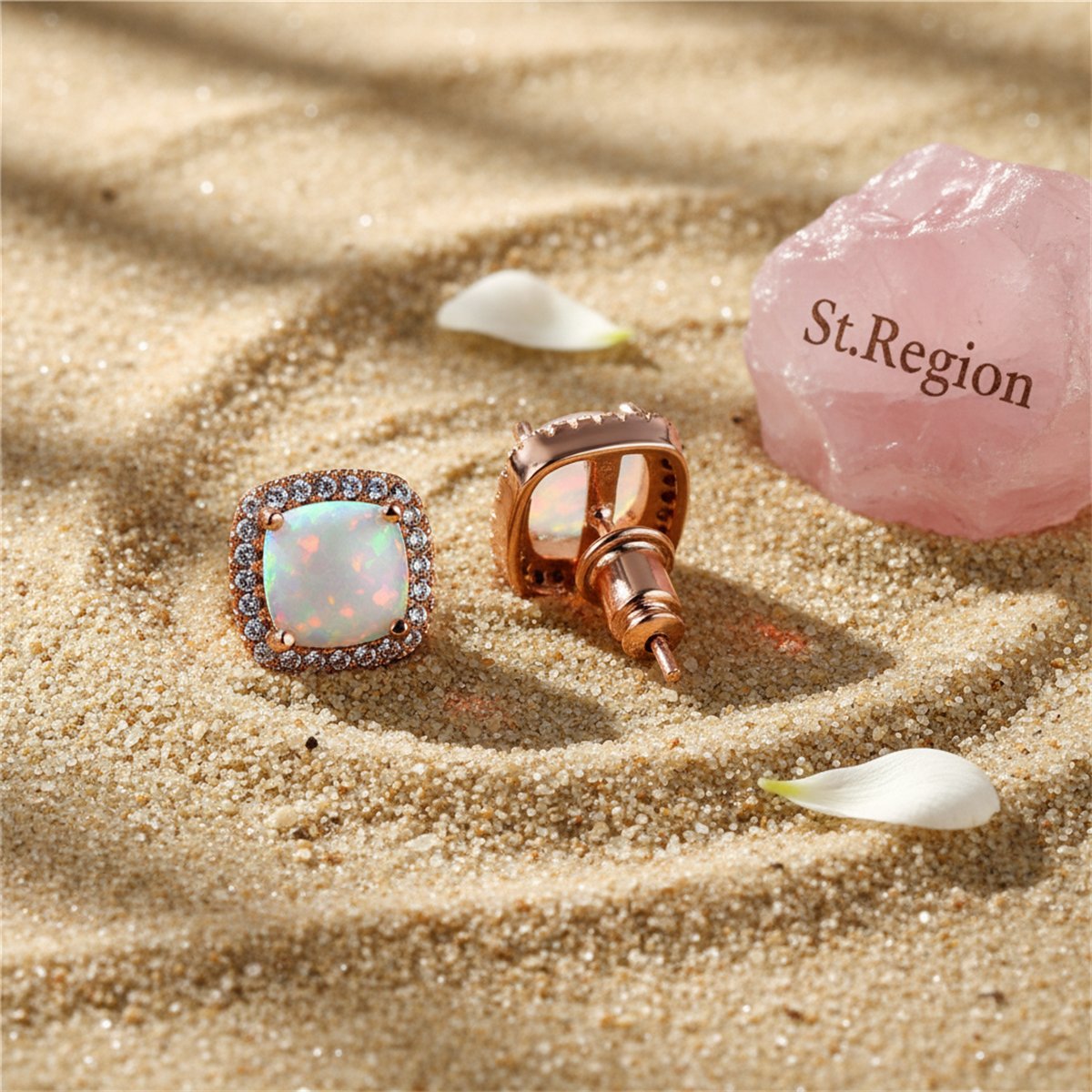 Princess Opal and 18K Rose Gold-Plated Halo Stud Earrings, cubic zirconia stud earrings for women, detail close-up