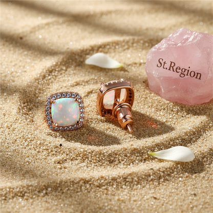 Princess Opal and 18K Rose Gold-Plated Halo Stud Earrings, cubic zirconia stud earrings for women, detail close-up