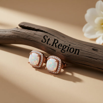 Princess Opal and 18K Rose Gold-Plated Halo Stud Earrings, cubic zirconia stud earrings for women, everyday style, front view