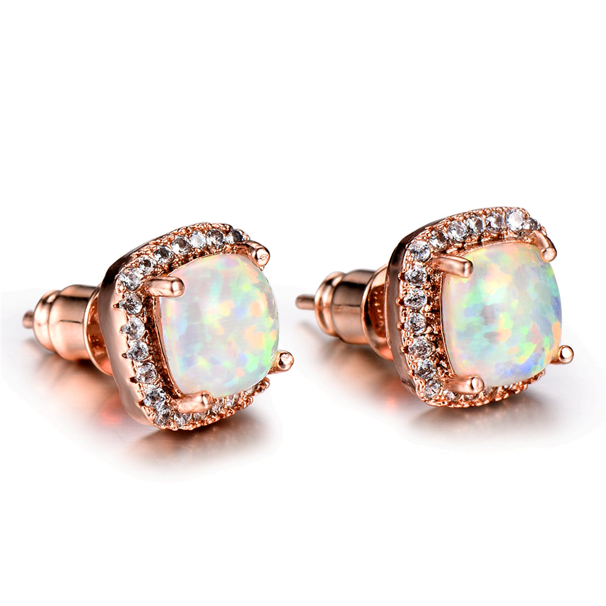 Princess Opal and 18K Rose Gold-Plated Halo Stud Earrings, cubic zirconia stud earrings for women, everyday style, side view