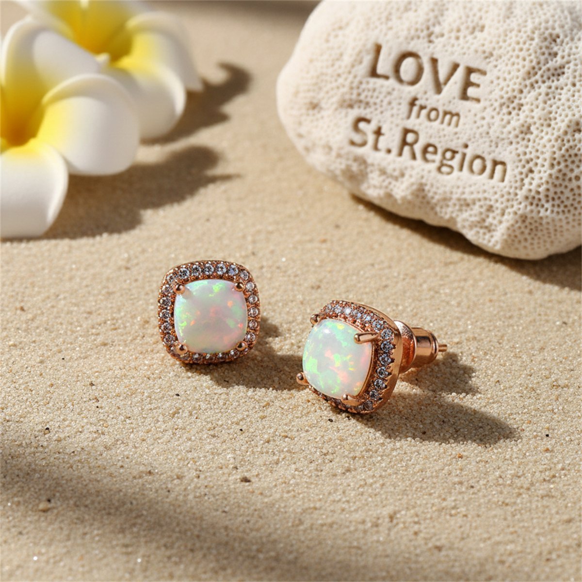 Princess Opal and 18K Rose Gold-Plated Halo Stud Earrings, cubic zirconia stud earrings for women, lifestyle look