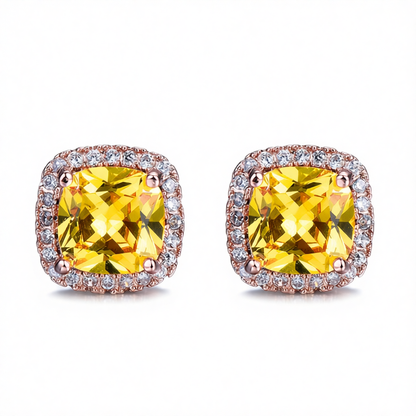 Yellow Princess Crystal & 18K Rose Gold-Plated Halo Stud Earrings