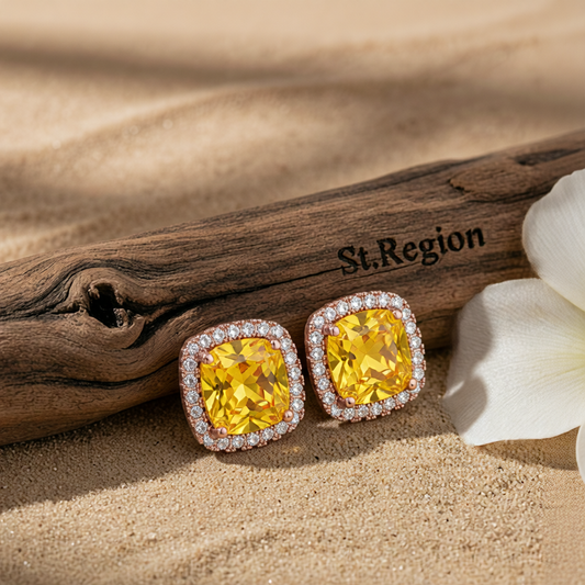 Yellow Princess Crystal & 18K Rose Gold-Plated Halo Stud Earrings