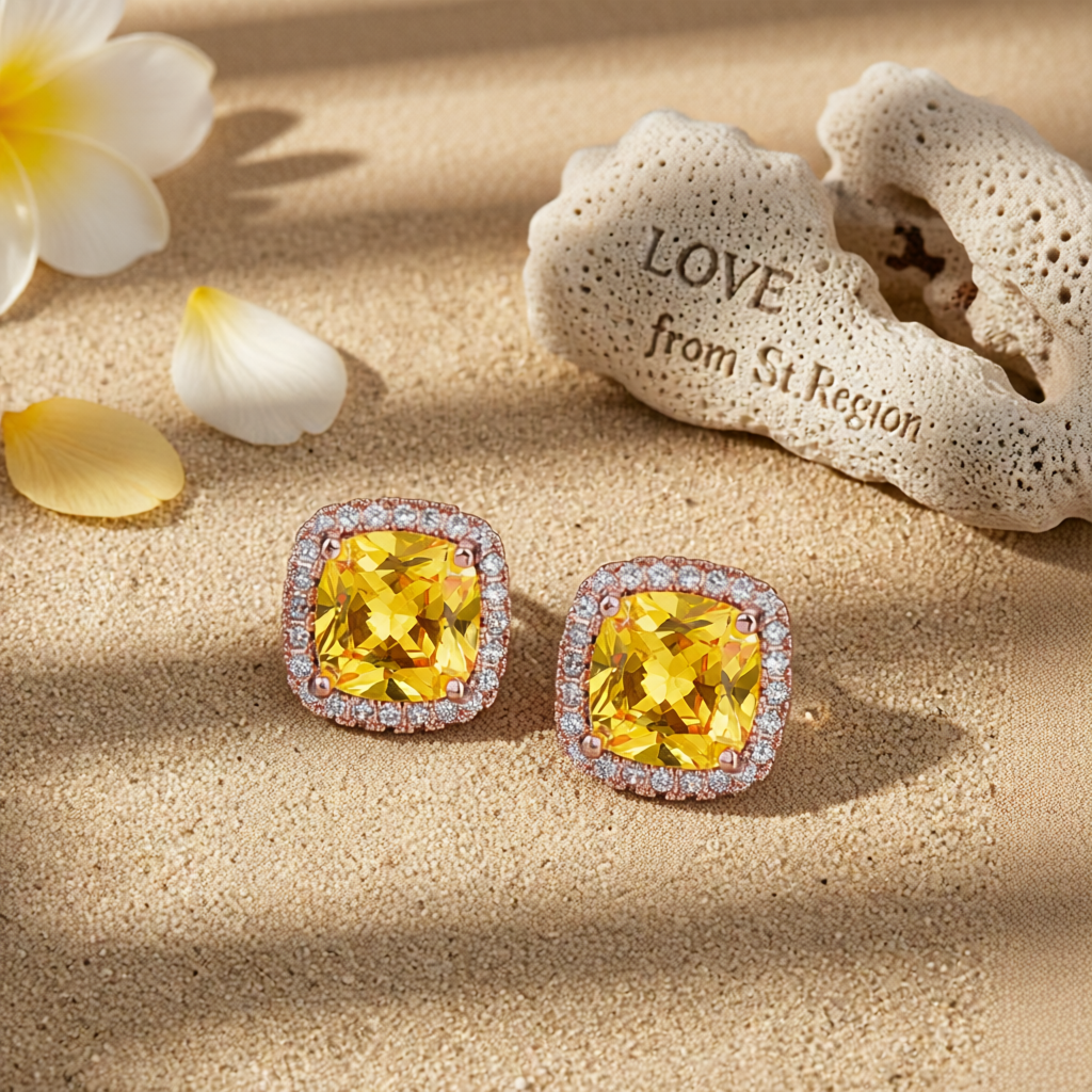 Yellow Princess Crystal & 18K Rose Gold-Plated Halo Stud Earrings