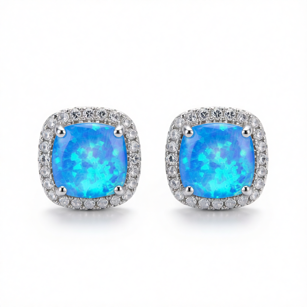 Blue Princess Opal & Cubic Zirconia Silver-Plated Halo Stud Earrings