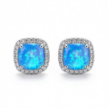Blue Princess Opal & Cubic Zirconia Silver-Plated Halo Stud Earrings