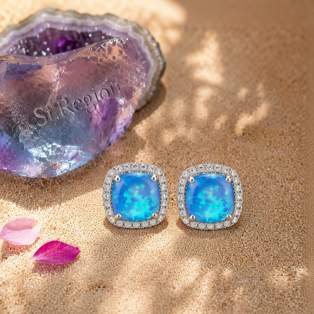 Blue Princess Opal & Cubic Zirconia Silver-Plated Halo Stud Earrings
