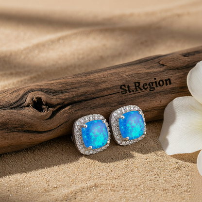Blue Princess Opal & Cubic Zirconia Silver-Plated Halo Stud Earrings
