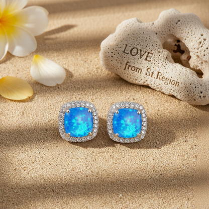 Blue Princess Opal & Cubic Zirconia Silver-Plated Halo Stud Earrings