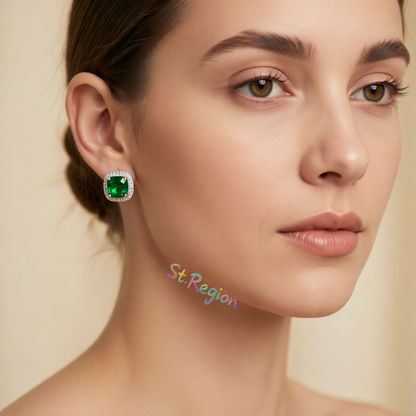 Emerald Princess Crystal & Cubic Zirconia Silver-Plated Halo Stud Earrings