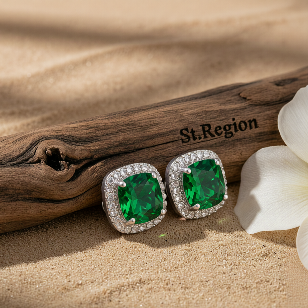 Emerald Princess Crystal & Cubic Zirconia Silver-Plated Halo Stud Earrings