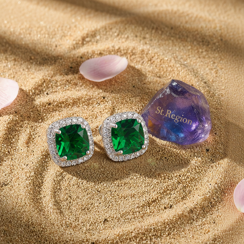 Emerald Princess Crystal & Cubic Zirconia Silver-Plated Halo Stud Earrings