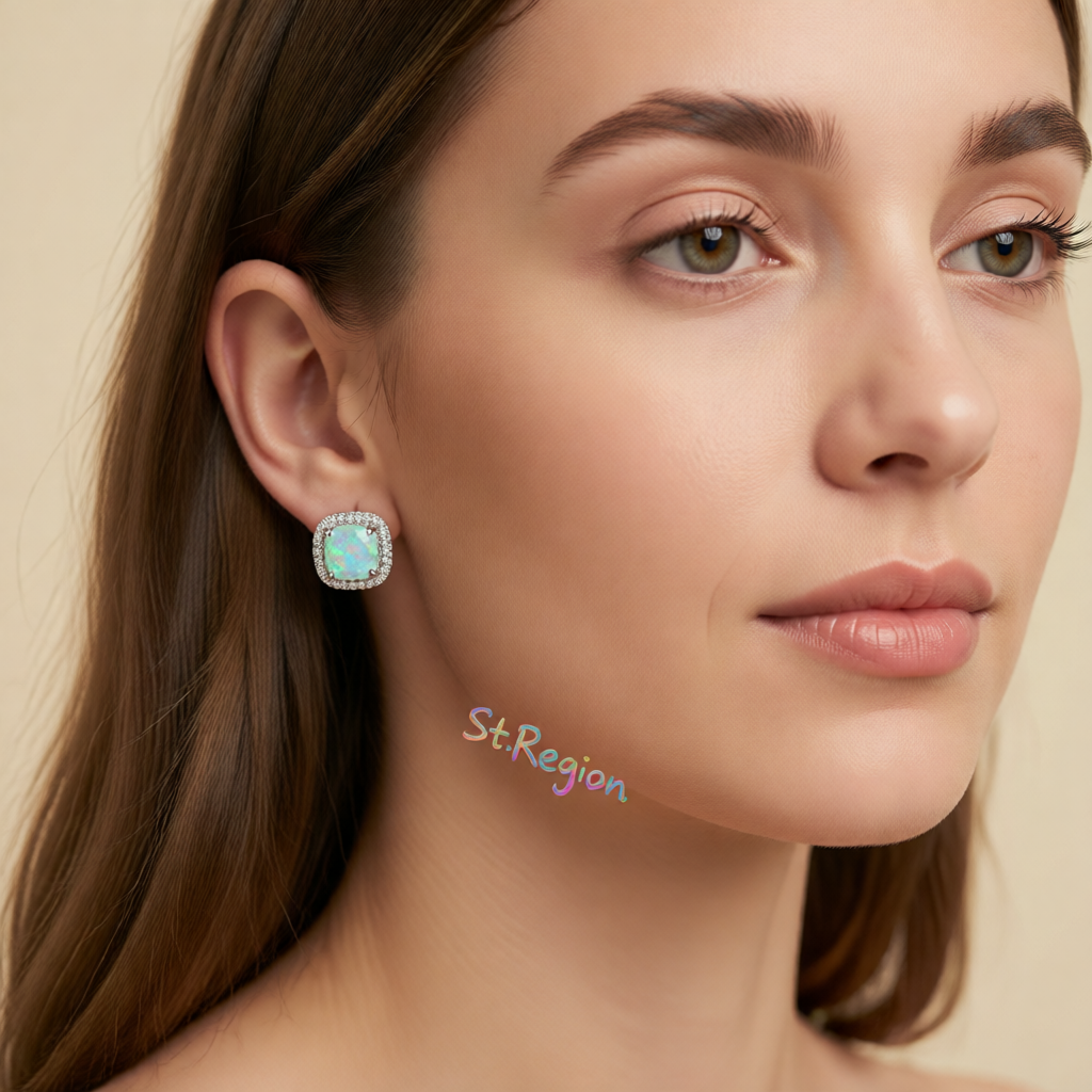 Green Princess Opal & Silver-Plated Halo Stud Earrings
