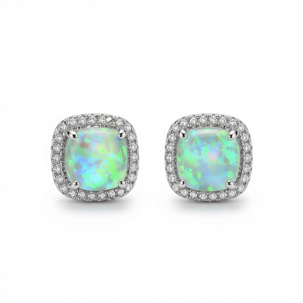 Green Princess Opal & Silver-Plated Halo Stud Earrings