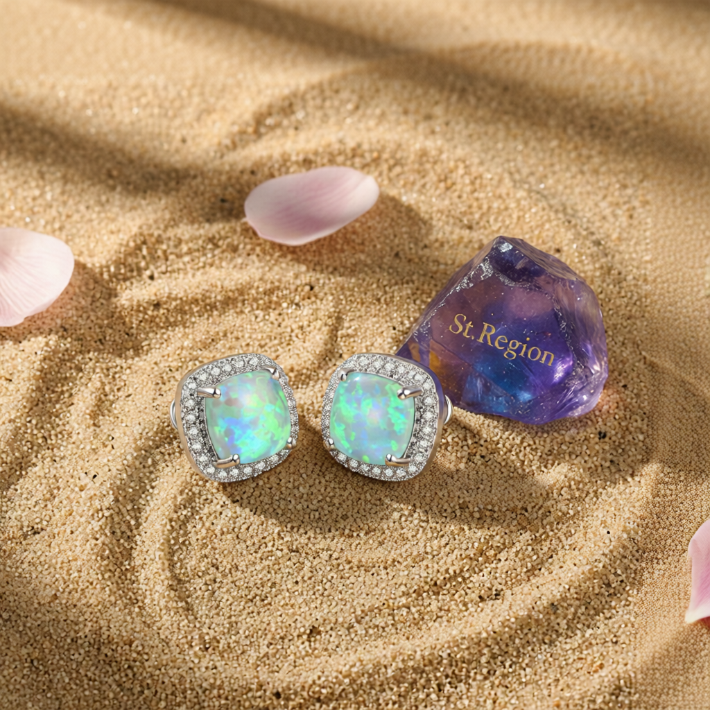 Green Princess Opal & Silver-Plated Halo Stud Earrings