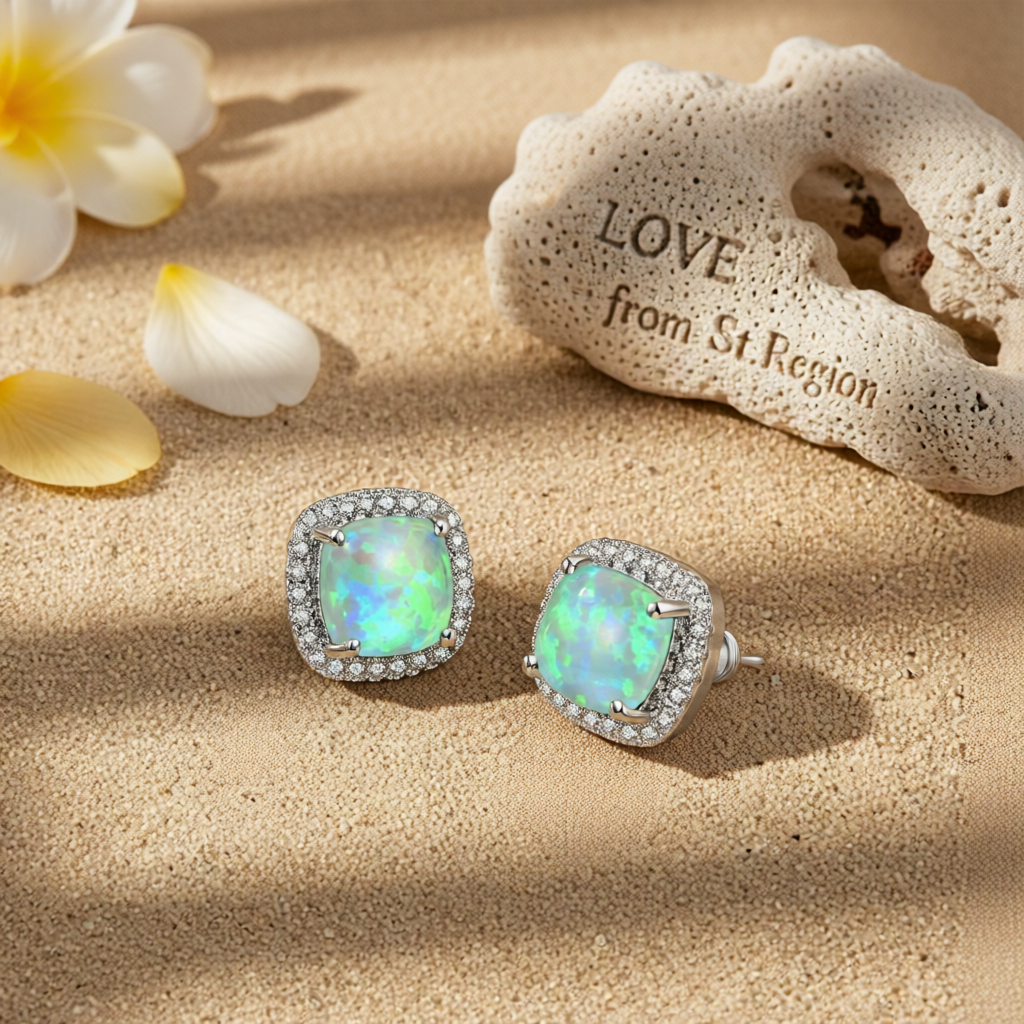 Green Princess Opal & Silver-Plated Halo Stud Earrings